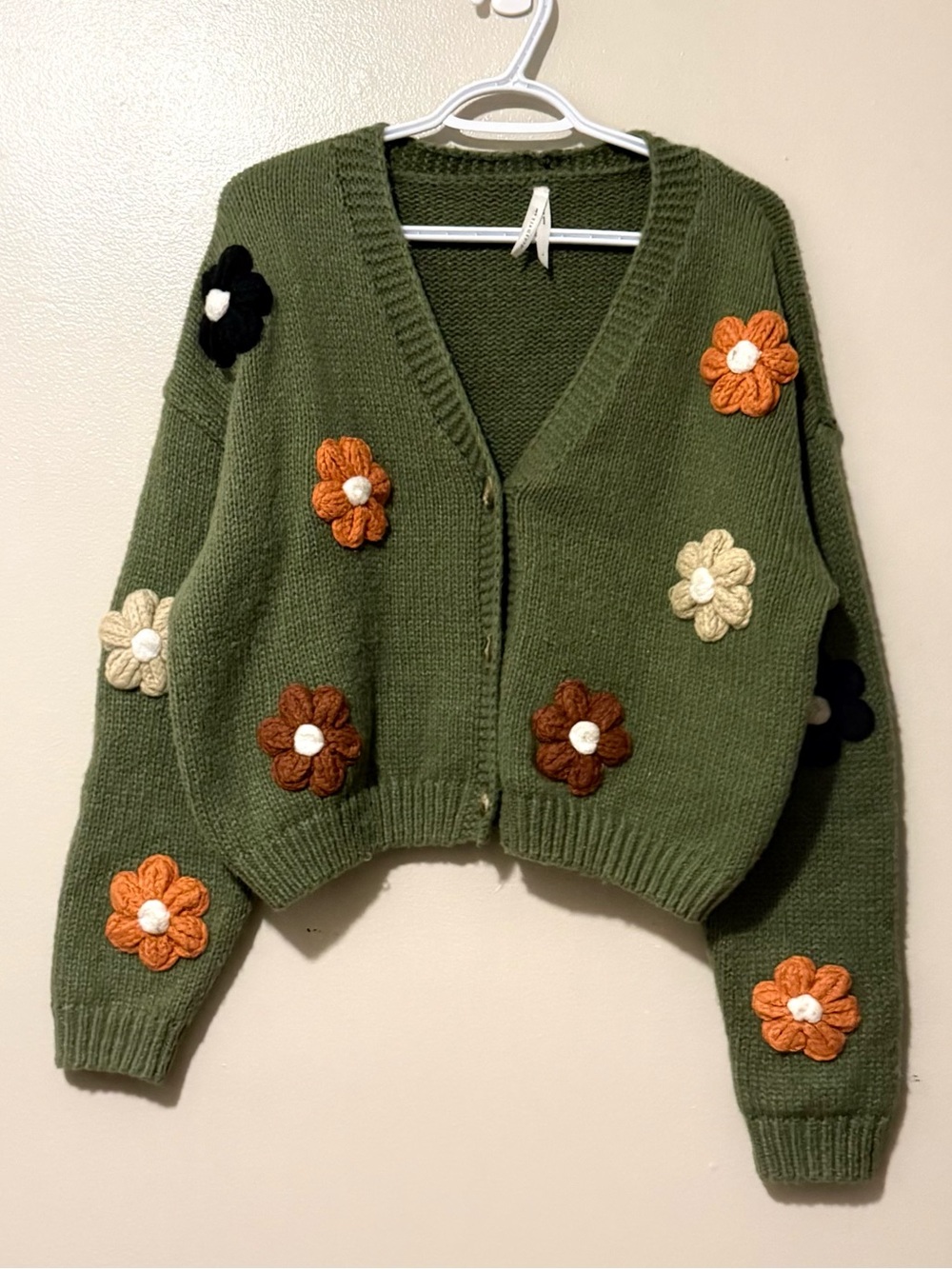 Olive Green Floral Appliqué Button-Front Cardigan